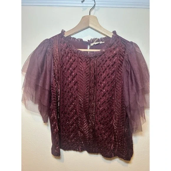Anthropologie Women's Let Me Be Sequined Embroidered Top Burgundy NWT - Picture 2 of 9